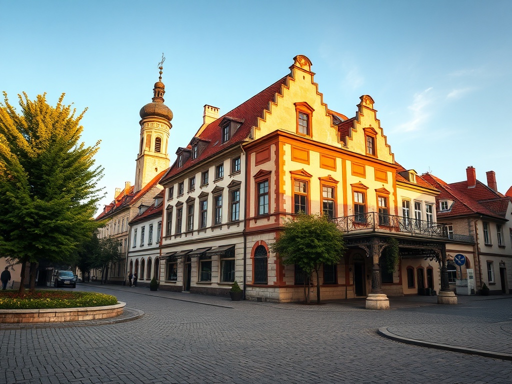 Malowniczy widok na miasto Obrzycko z rzeką Wartą w tle.