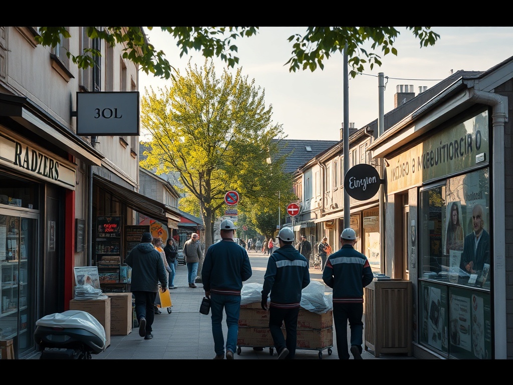 Ilustracja przedstawiająca zróżnicowany rynek pracy w Obrzycku i powiecie, łącząca elementy przemysłu, usług i rolnictwa.