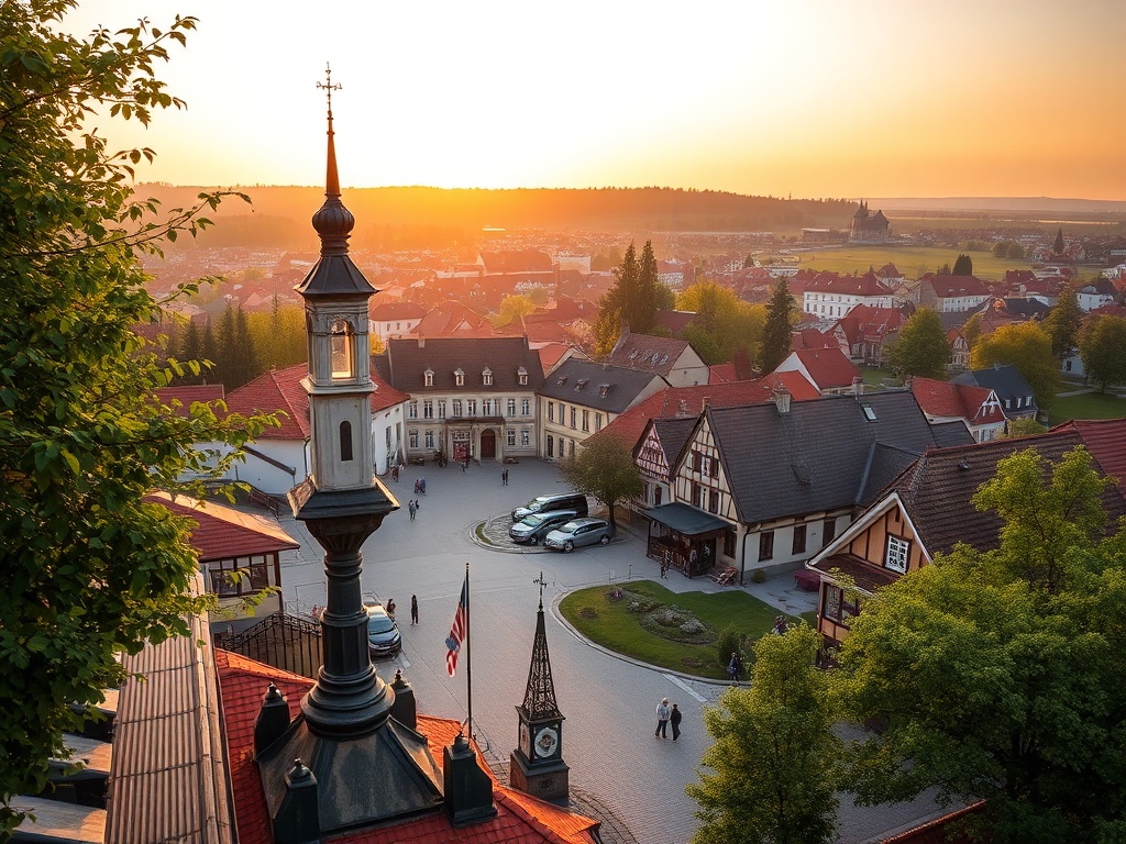 Widok na rzekę Wartę w Obrzycku podczas wiosennego dnia, z zielonymi brzegami i spokojną wodą.