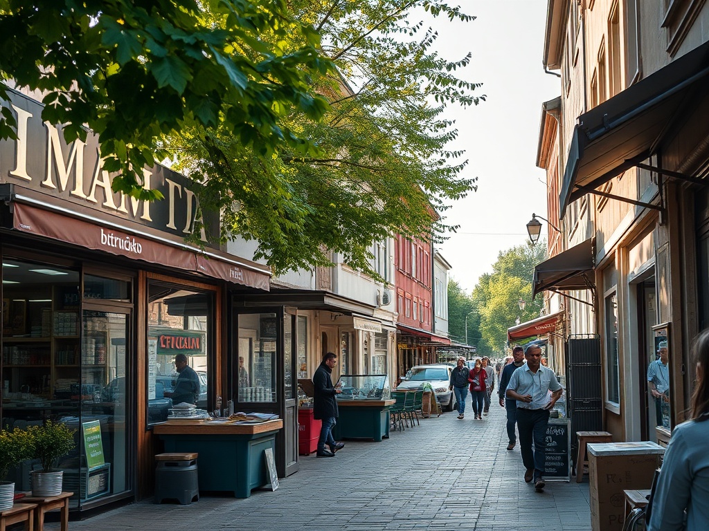 Widok na rynek nieruchomości w Obrzycku z ulicą i budynkami.